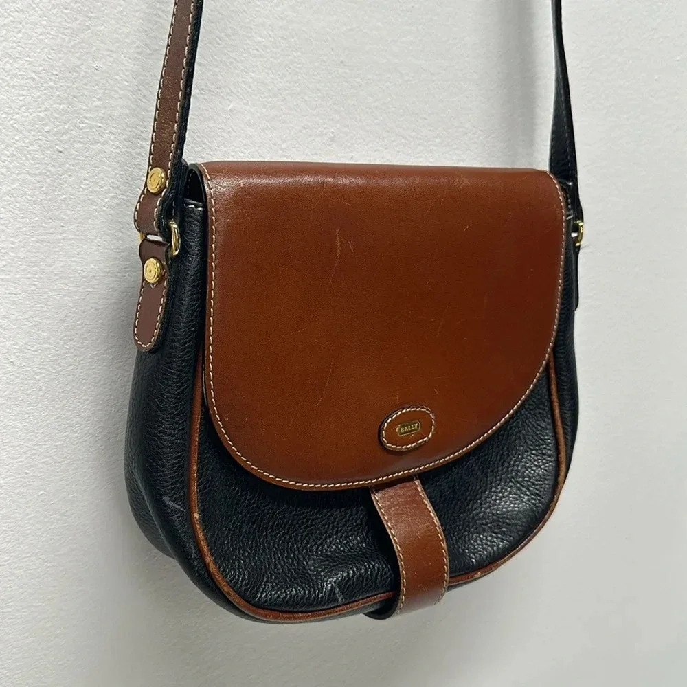 Bally Shoulder Bag Crossbody Strap Purse Pebbled Leather Brown Black Vintage - Picture 5 of 14